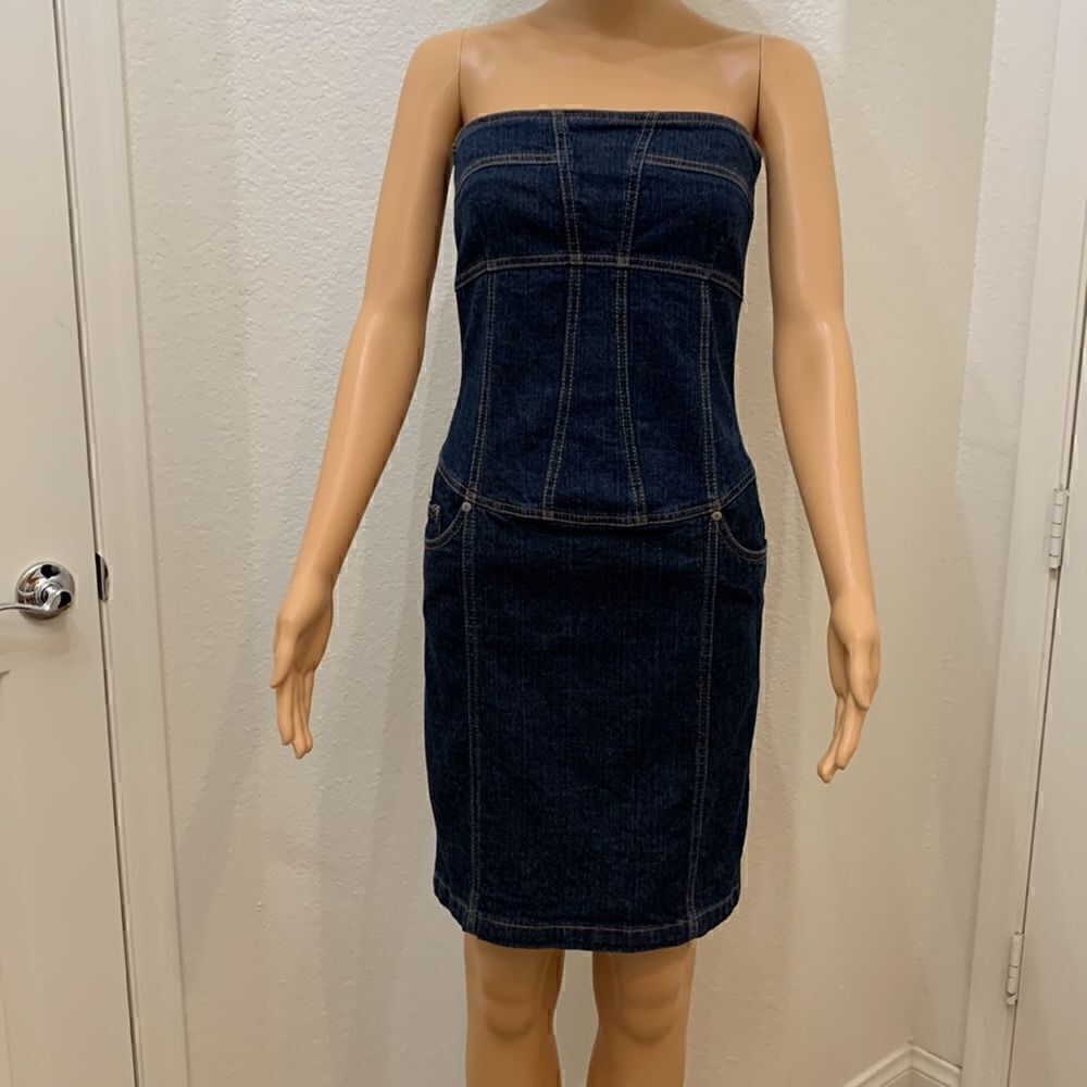 Premise Denim Blue Gold Strapless Pockets Zippered Back Woman’s Dress - Picture 3 of 16